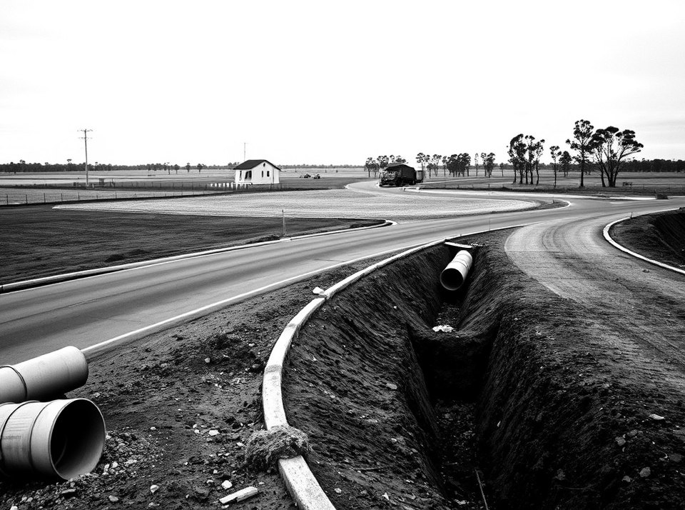 A new road and an open sewer trench cutting through former farmland on the urban fringe