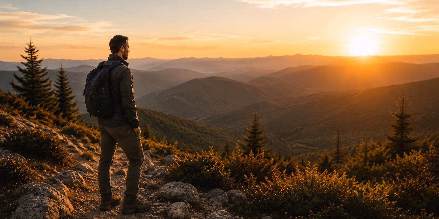Man with backpack standing on rocky path overlooking mountains at sunset with orange sky.