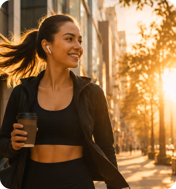 Smiling woman in workout clothes holding a coffee cup, walking outdoors at sunset with earbuds in her ears.