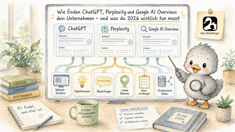Blog-Header-Illustration „Wie finden ChatGPT, Perplexity und Google AI Overviews dein Unternehmen – und was du 2026 wirklich tun musst": Enten-Maskottchen erklärt KI-Sichtbarkeitsfaktoren