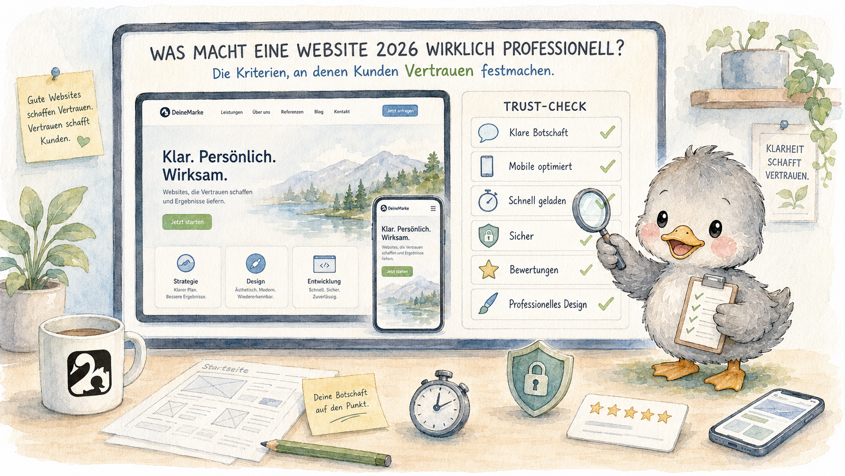Blog-Header-Illustration „Was macht eine Website 2026 wirklich professionell?": Enten-Maskottchen mit Trust-Check-Kriterienliste (klare Botschaft, mobil optimiert, sicher, Bewertungen)