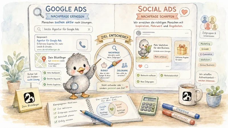 Blog-Header-Illustration „Google Ads: Nachfrage erfassen vs. Social Ads: Nachfrage schaffen": Enten-Maskottchen erklärt den Unterschied beider Werbeformen