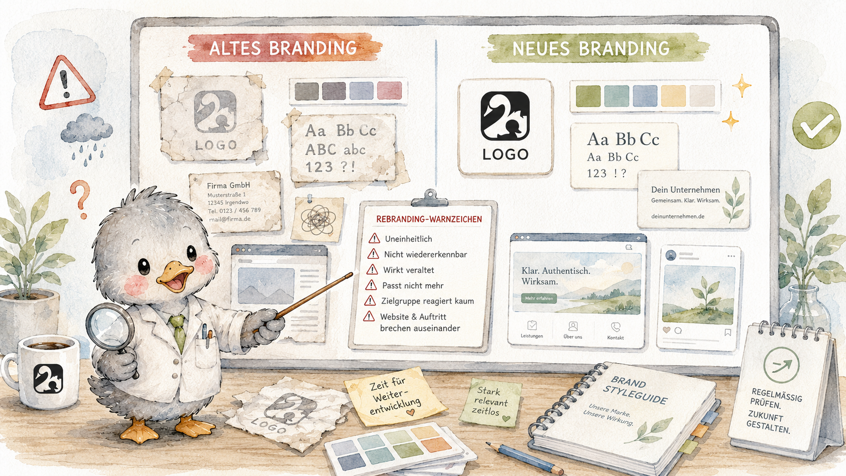 Blog-Header-Illustration „Altes Branding vs. neues Branding": Enten-Maskottchen zeigt Rebranding-Warnzeichen und den Unterschied zwischen veraltetem und modernem Markenauftritt