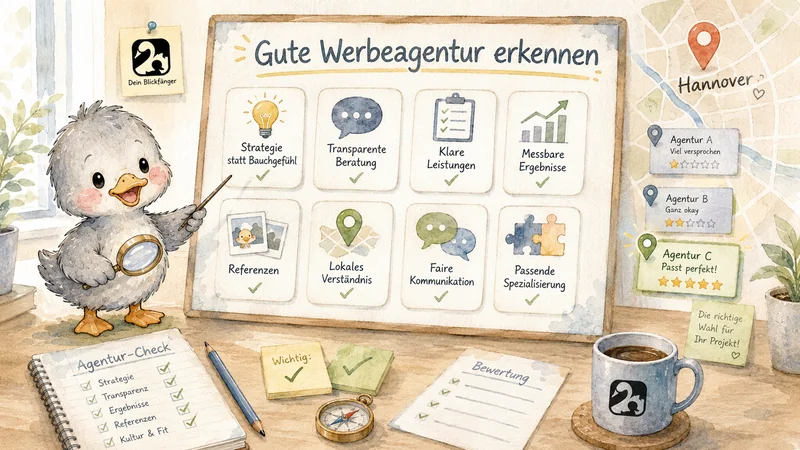 Blog-Header-Illustration „Gute Werbeagentur erkennen": Checkliste mit acht Kriterien (Strategie, Transparenz, Referenzen, lokales Verständnis u.a.) und Agentur-Vergleich in Hannover