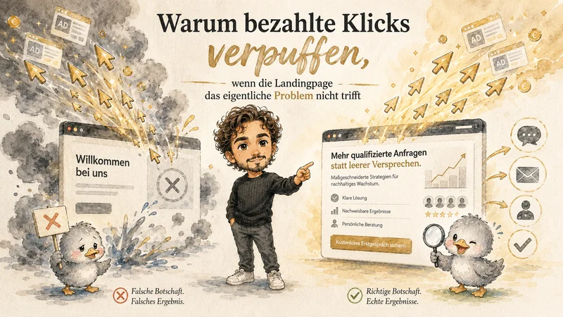 Blog-Header-Illustration „Warum bezahlte Klicks verpuffen, wenn die Landingpage das Problem nicht trifft": Vergleich einer verwirrenden und einer klaren Landingpage mit Andreas und zwei Enten-Maskottchen
