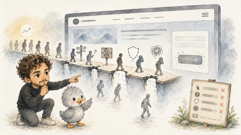 Illustration einer brüchigen Brücke zu einer unklaren Website mit Stoppschildern, Fragezeichen und Formular – Sinnbild für Nutzerabsprünge auf dem Weg zum Kontaktformular