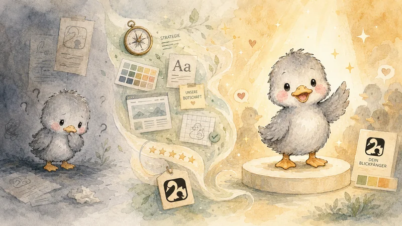 Illustration einer Marken-Transformation: ein unsicheres graues Enten-Maskottchen wird zum selbstbewussten, im Rampenlicht stehenden Maskottchen auf dem Podest