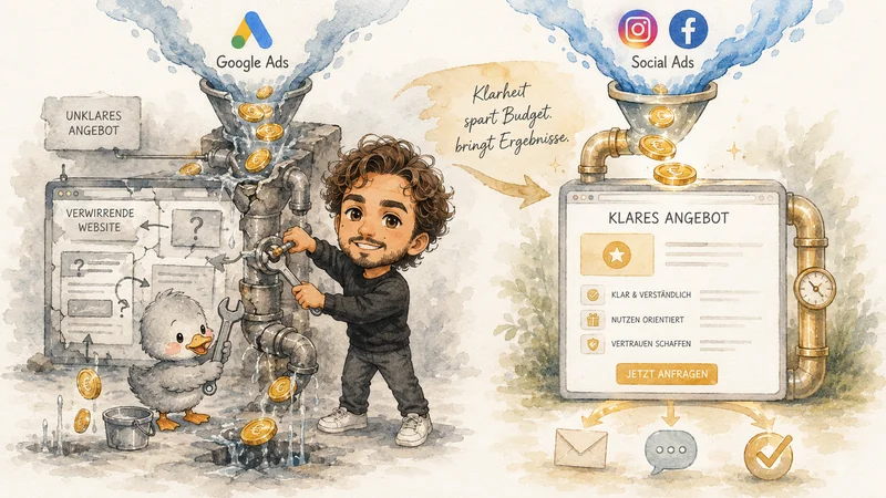 Illustration „Klarheit spart Budget, bringt Ergebnisse": Andreas und Enten-Maskottchen reparieren den Google-Ads-Trichter neben einer klaren Angebots-Website