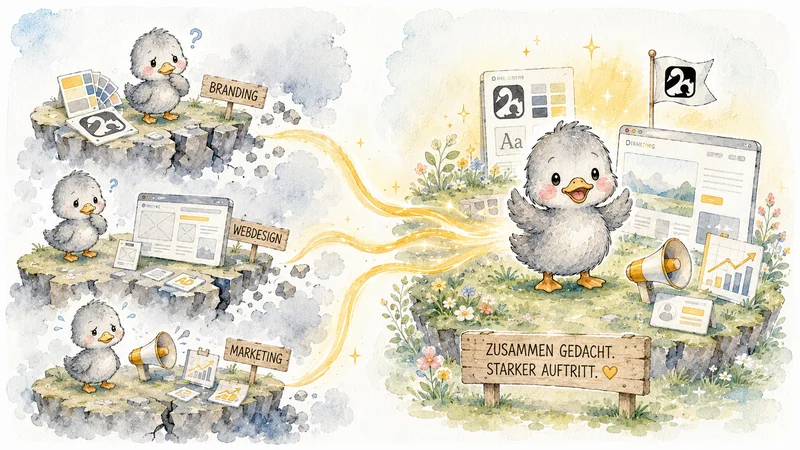 Illustration „Zusammen gedacht, starker Auftritt": drei einsame Enten-Maskottchen für Branding, Webdesign und Marketing auf getrennten Inseln vereinen sich zu einem starken Gesamtauftritt