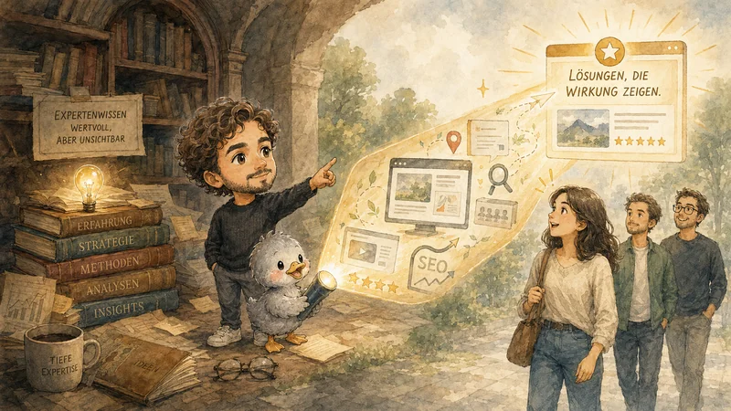 Illustration „Expertenwissen wertvoll, aber unsichtbar": Andreas leuchtet mit der Taschenlampe Expertise in Form von SEO, Website und Bewertungen für interessierte Passanten sichtbar