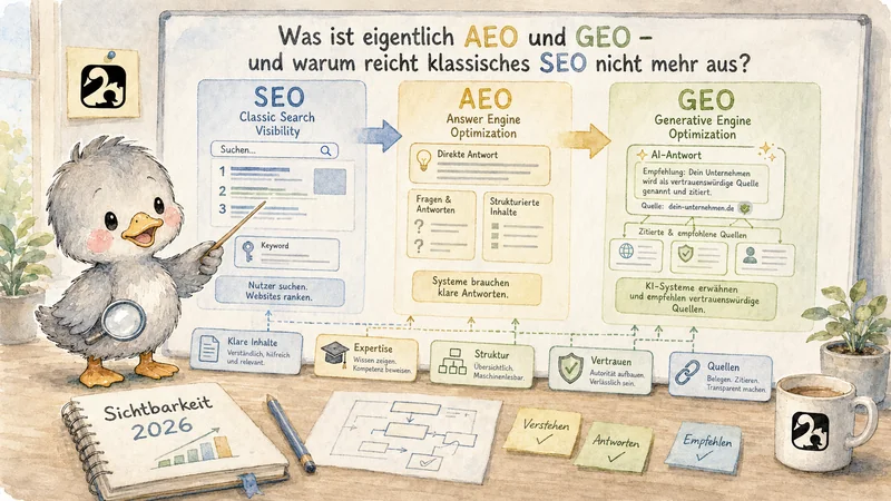 Blog-Header-Illustration „Was ist eigentlich AEO und GEO – und warum reicht klassisches SEO nicht mehr aus?": Vergleich von SEO, AEO und GEO mit Enten-Maskottchen als Erklärer