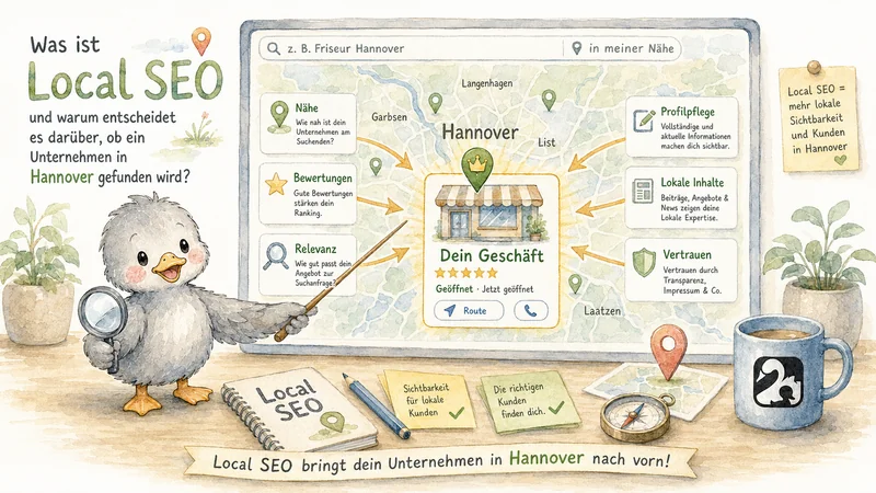 Blog-Header-Illustration „Was ist Local SEO und warum entscheidet es über Sichtbarkeit in Hannover?": Enten-Maskottchen erklärt Local-SEO-Faktoren wie Nähe, Bewertungen und Relevanz auf einer Hannover-Karte