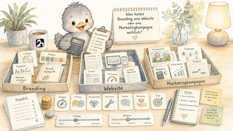 Blog-Header-Illustration „Was kostet Branding, eine Website oder eine Marketingkampagne wirklich?": Enten-Maskottchen mit Taschenrechner und Preisfaktoren-Übersicht für Branding, Website und Marketingkampagne