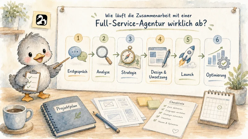 Blog-Header-Illustration „Wie läuft die Zusammenarbeit mit einer Full-Service-Agentur wirklich ab?": sechsstufiger Prozess von Erstgespräch bis Optimierung mit Enten-Maskottchen