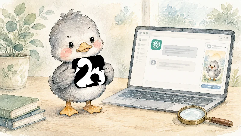 Aquarell: Entlein mit Logo vor Laptop mit ChatGPT-Anzeige