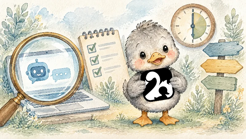Aquarell: Entlein mit Logo, Lupe und Checkliste