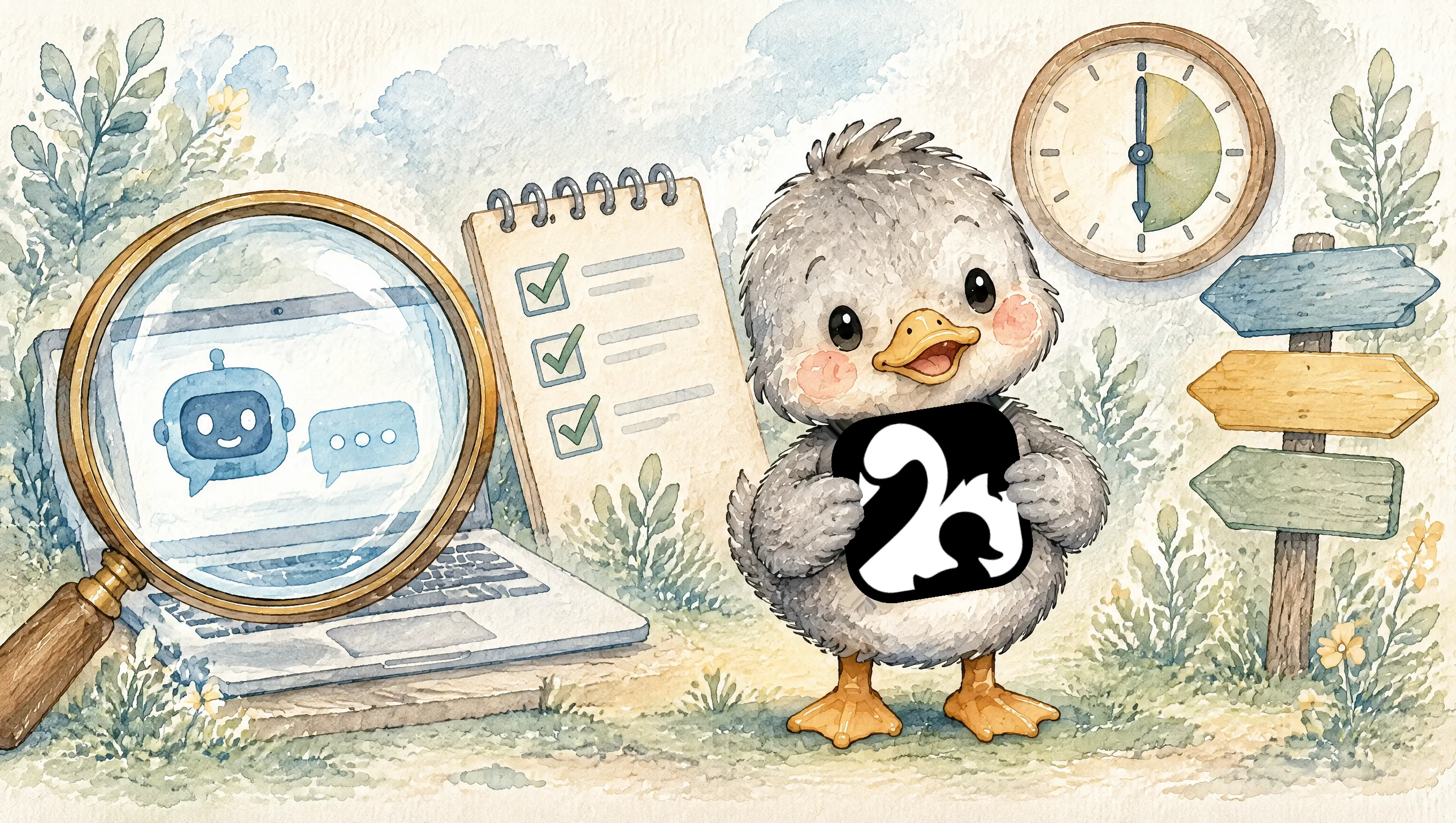 Aquarell: Graues Entlein mit Logo neben Lupe über Laptop mit Chatbot, Checkliste, Uhr und Wegweisern