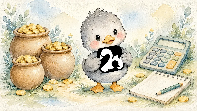 Aquarell: Entlein mit Logo vor drei Münztöpfen