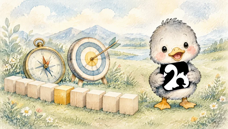Chibi-Entlein mit Logo auf einer Wiese, eine Reihe beiger Holzklötze und genau ein goldener, daneben Kompass und Zielscheibe