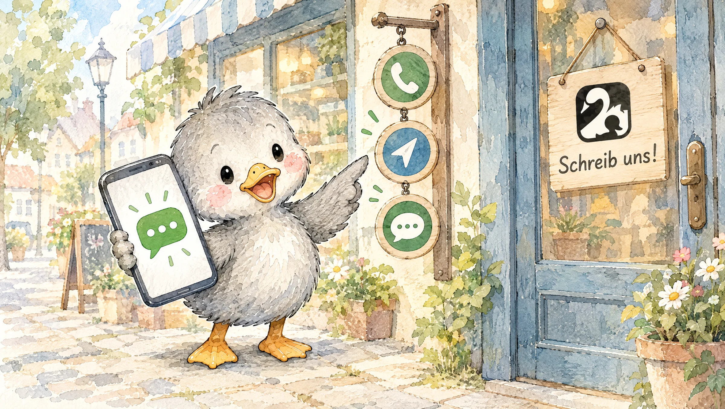 Aquarell: Graues Entlein vor einer Ladentür hält ein Smartphone mit grüner Chat-Sprechblase hoch, am Türschild „Schreib uns!“