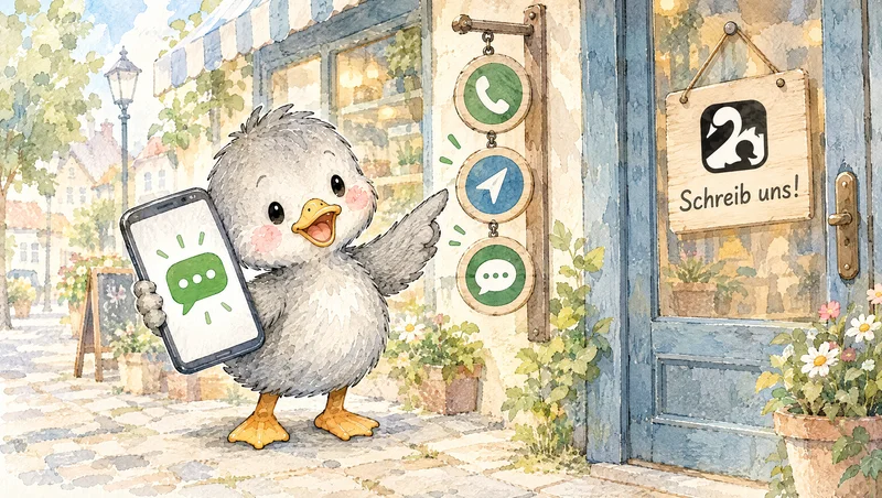 Entlein vor dem Laden mit Smartphone und Chat-Sprechblase