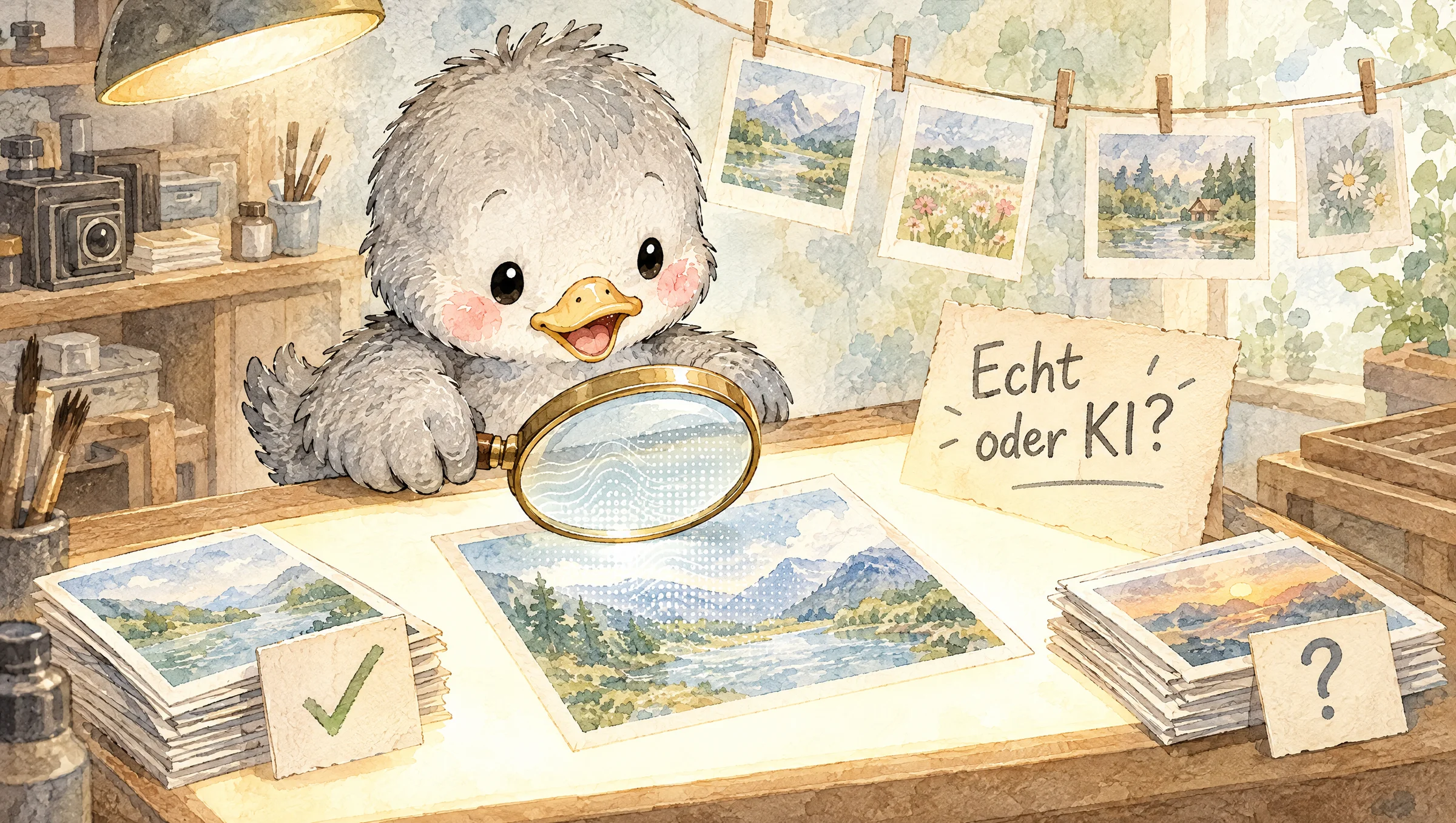 Aquarell: Graues Entlein prüft am Leuchttisch mit einer Lupe ein Foto auf ein verstecktes Muster, daneben das Kärtchen „Echt oder KI?“
