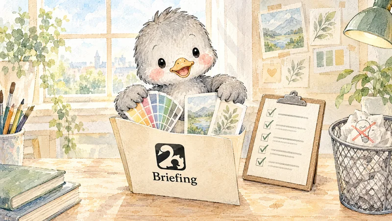 Entlein packt eine Briefing-Mappe für den Designer