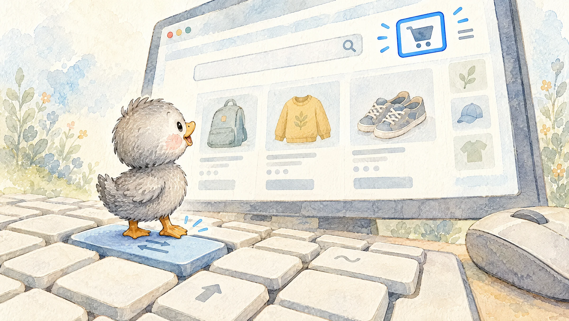 Aquarell: Graues Entlein steht auf einer riesigen Tastatur und drückt die Tab-Taste, auf dem Bildschirm ist ein Warenkorb-Button mit Fokusrahmen markiert