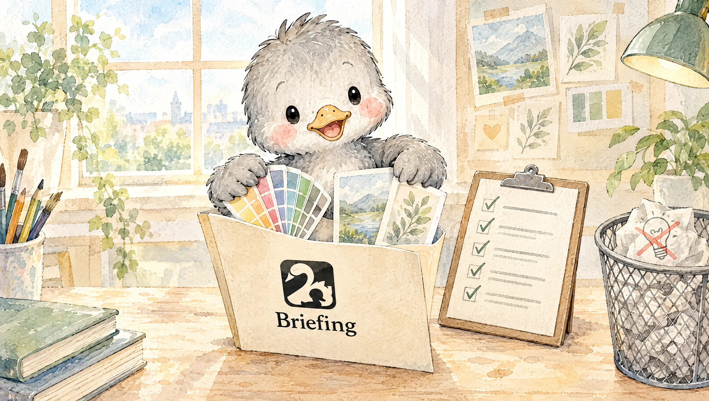 Aquarell: Graues Entlein packt im Atelier eine Briefing-Mappe mit Farbfächer und Inspirationskarten, daneben ein Klemmbrett mit Häkchen