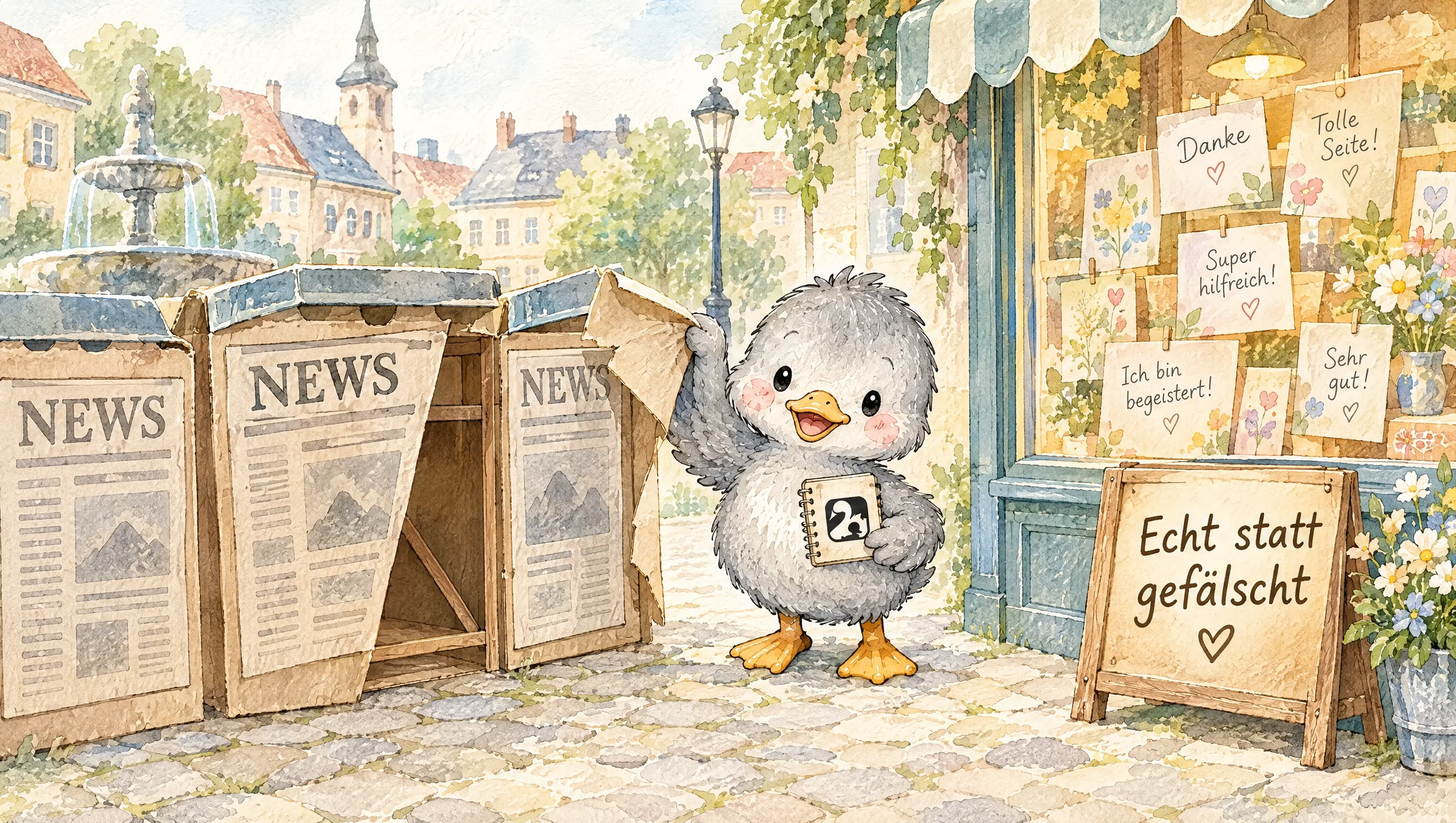 Aquarell: Graues Entlein reißt eine Pappfassade von falschen Zeitungskiosken, daneben ein echtes Schaufenster mit Dankeskarten und das Schild „Echt statt gefälscht“
