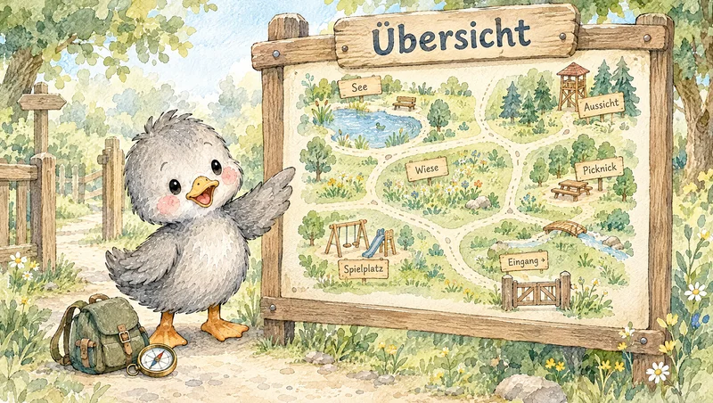 Entlein zeigt auf eine Übersichtstafel im Park