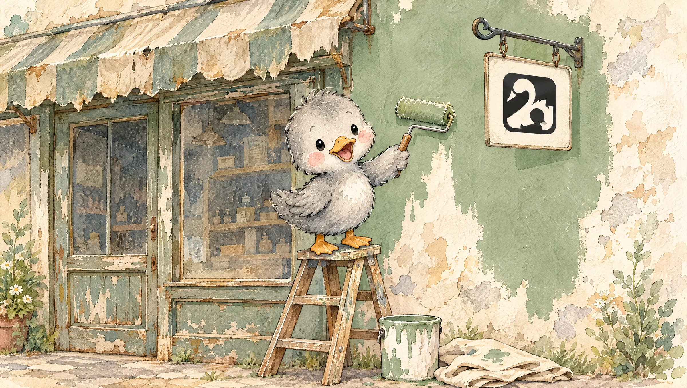 Aquarell: Graues Entlein streicht auf einer Leiter eine alte, abblätternde Ladenfront frisch salbeigrün, daneben hängt ein neues Schild mit dem Blickfänger-Logo