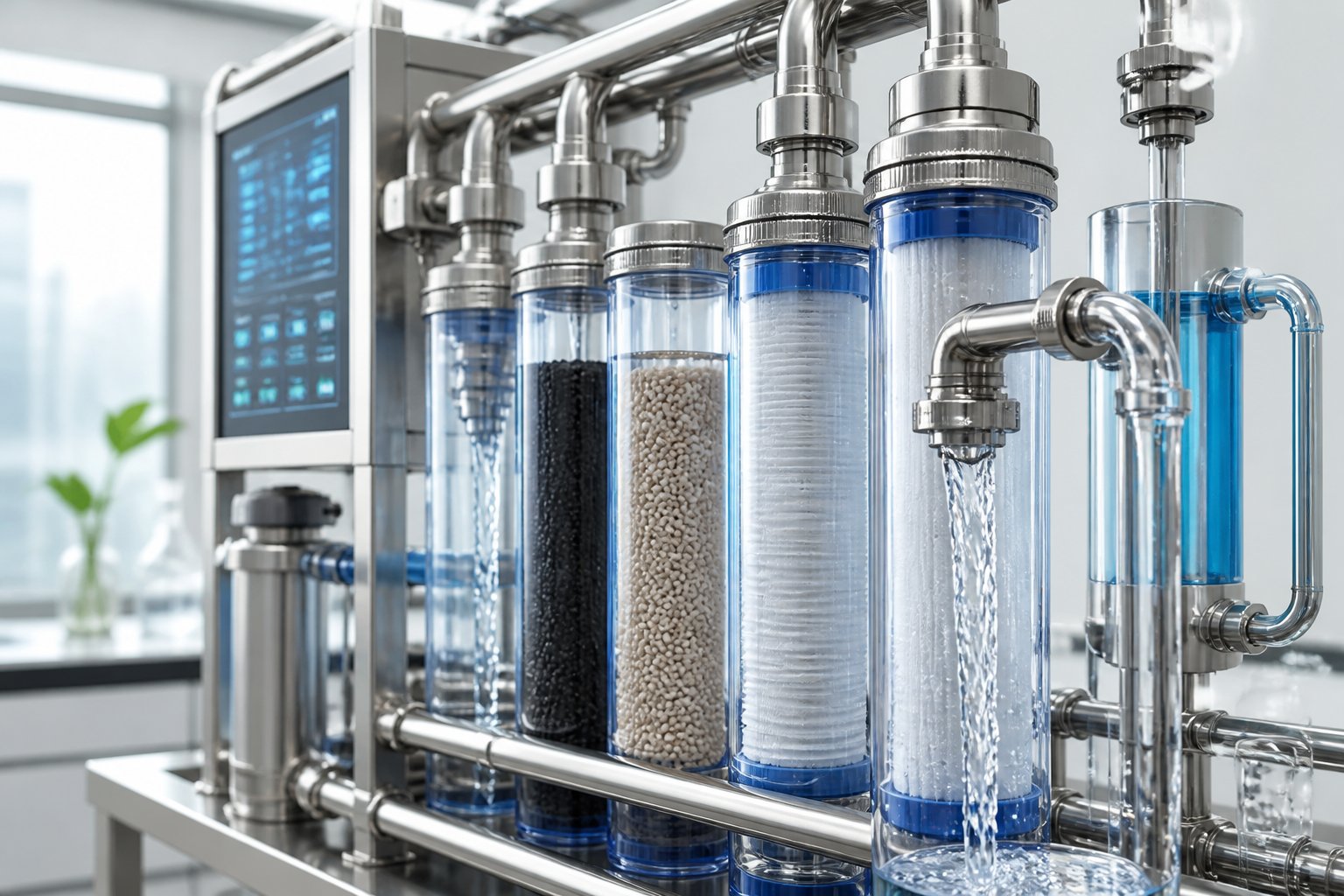 A modern water filtration system with clear water flowing through multiple filter layers and stainless steel pipes in a clean laboratory setting.
