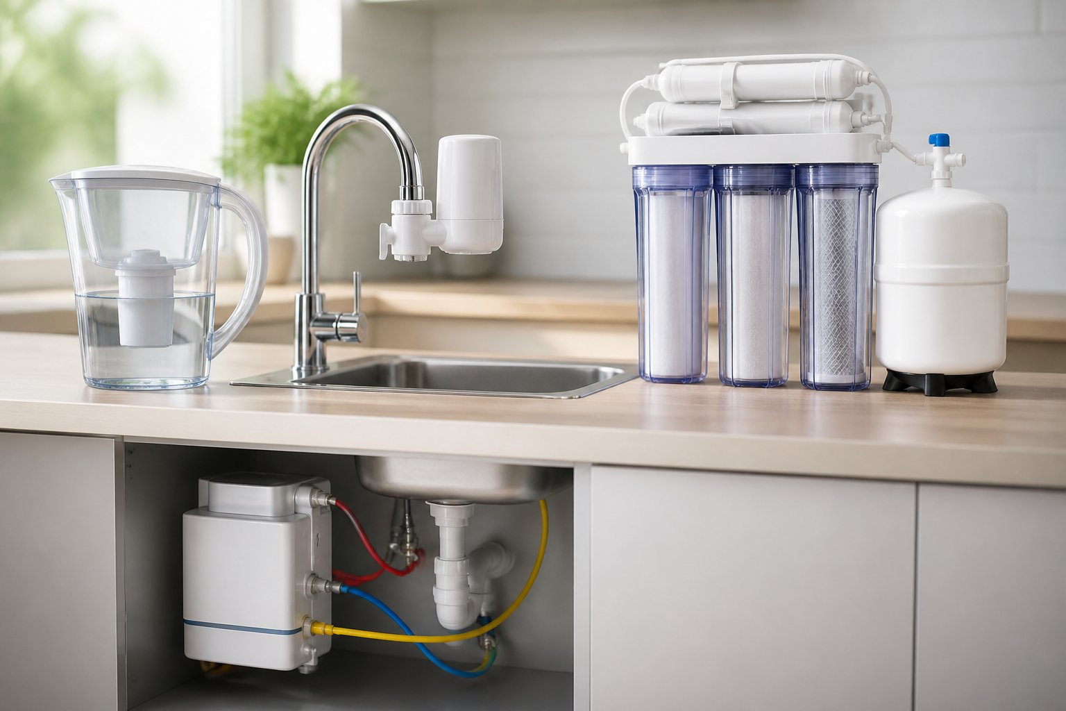 Various home water filtration systems displayed on a modern kitchen countertop, including under-sink, pitcher, faucet-mounted, and reverse osmosis filters.