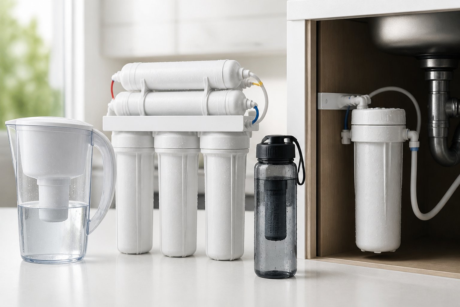 Various types of water filters including a pitcher filter, reverse osmosis system, under-sink filter, and portable filter bottle displayed on a white surface.