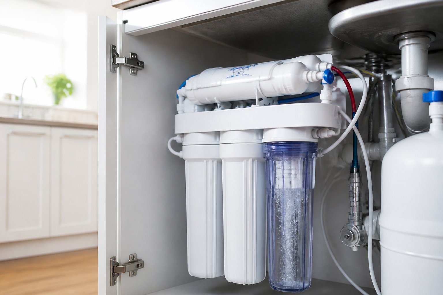 Close-up view of a modern water filter system installed under a kitchen sink with clear water flowing through the filter.