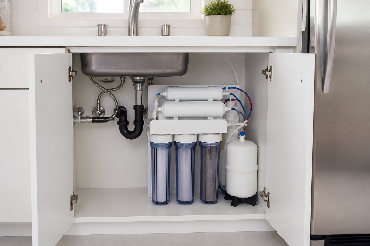 Under-sink reverse osmosis water filtration system with multiple filter cartridges and tubing in a clean kitchen cabinet.