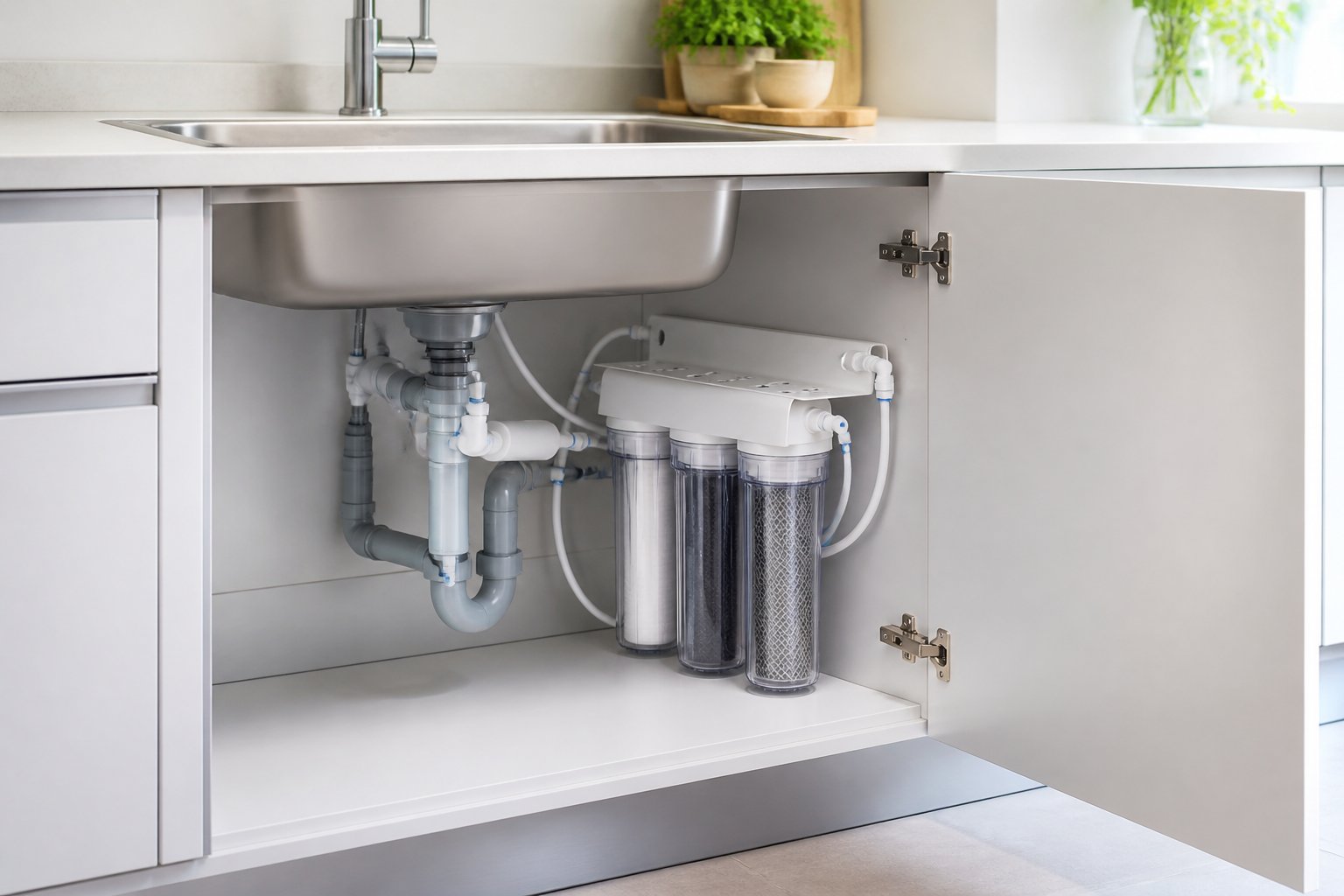 Open kitchen cabinet under the sink showing a neatly installed water filter system with filter cartridges and tubing.