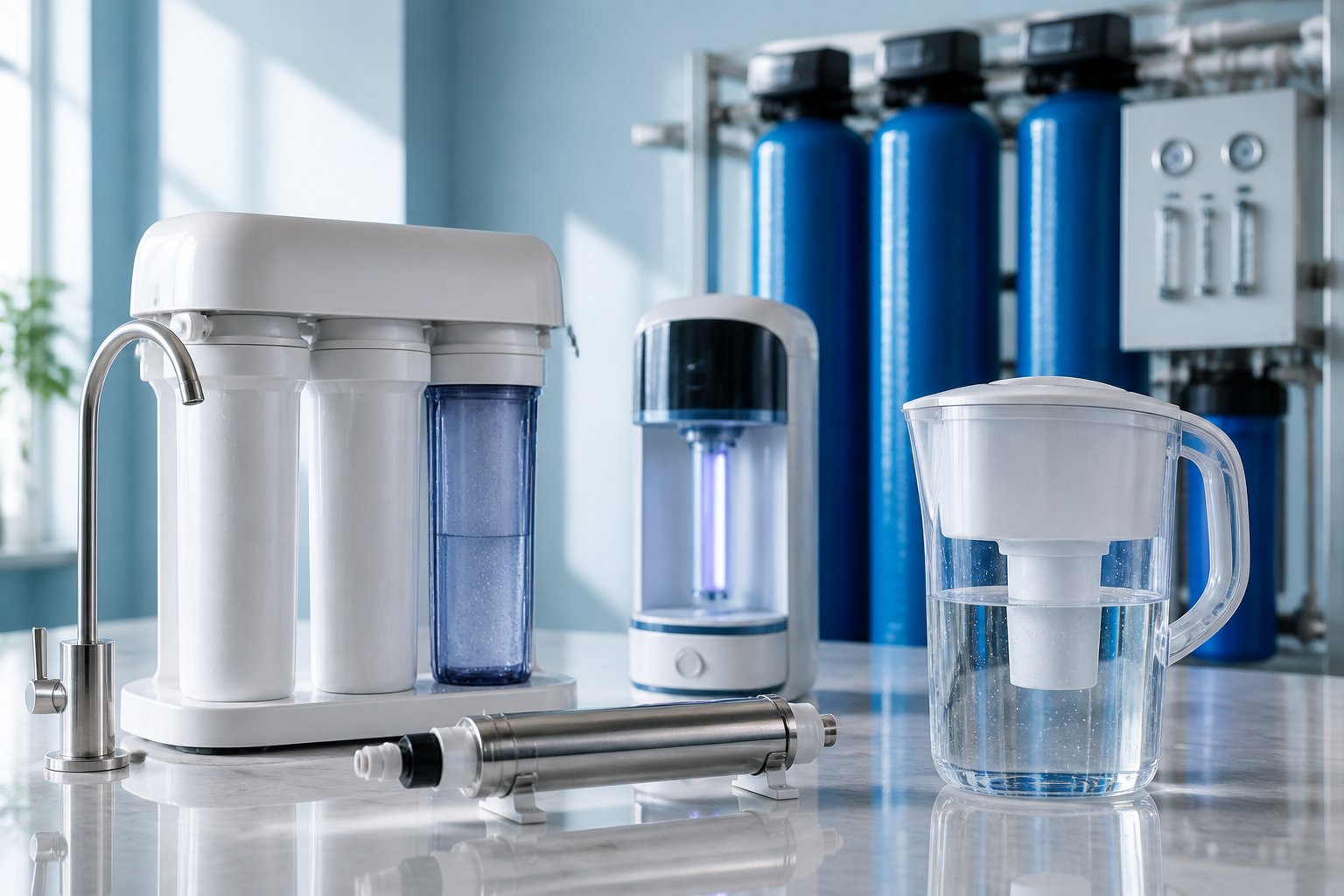 Various water purification devices including a reverse osmosis filter, UV purifier, ceramic filter pitcher, and an industrial filtration unit displayed on a clean surface.