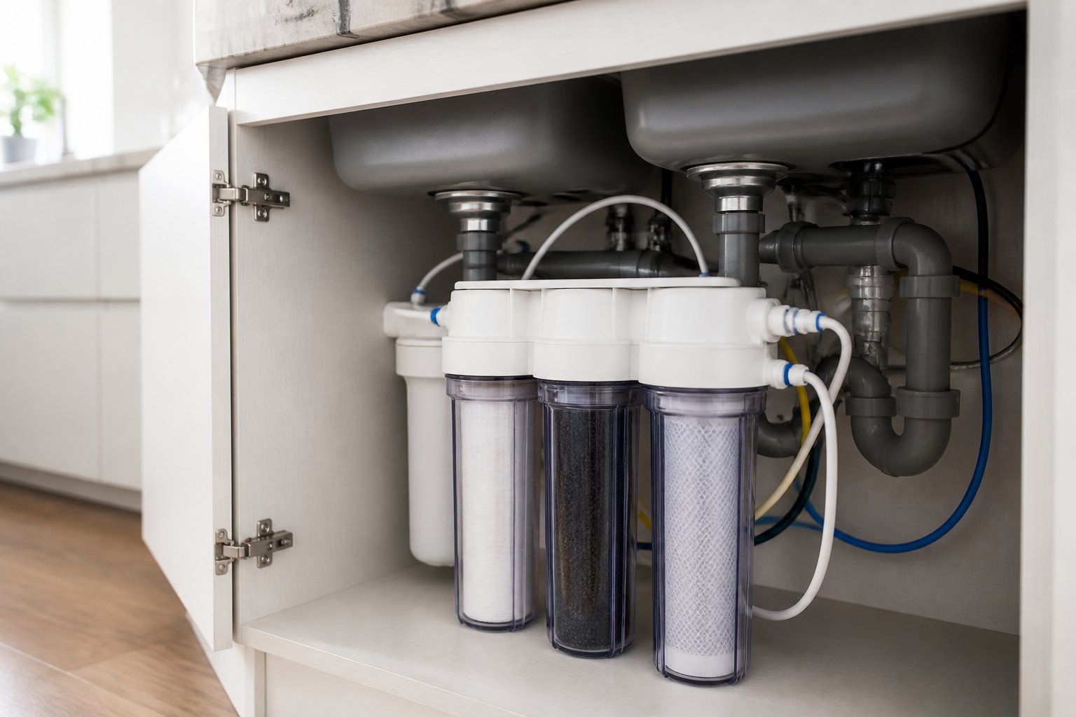 Under sink water filtration system installed beneath a kitchen sink showing multiple filter stages and plumbing pipes.