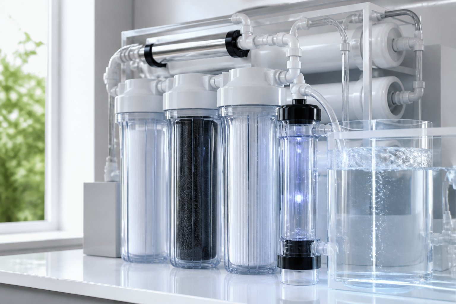 A clean water purification system with clear pipes, filters, and tanks showing crystal clear water flowing through the equipment.