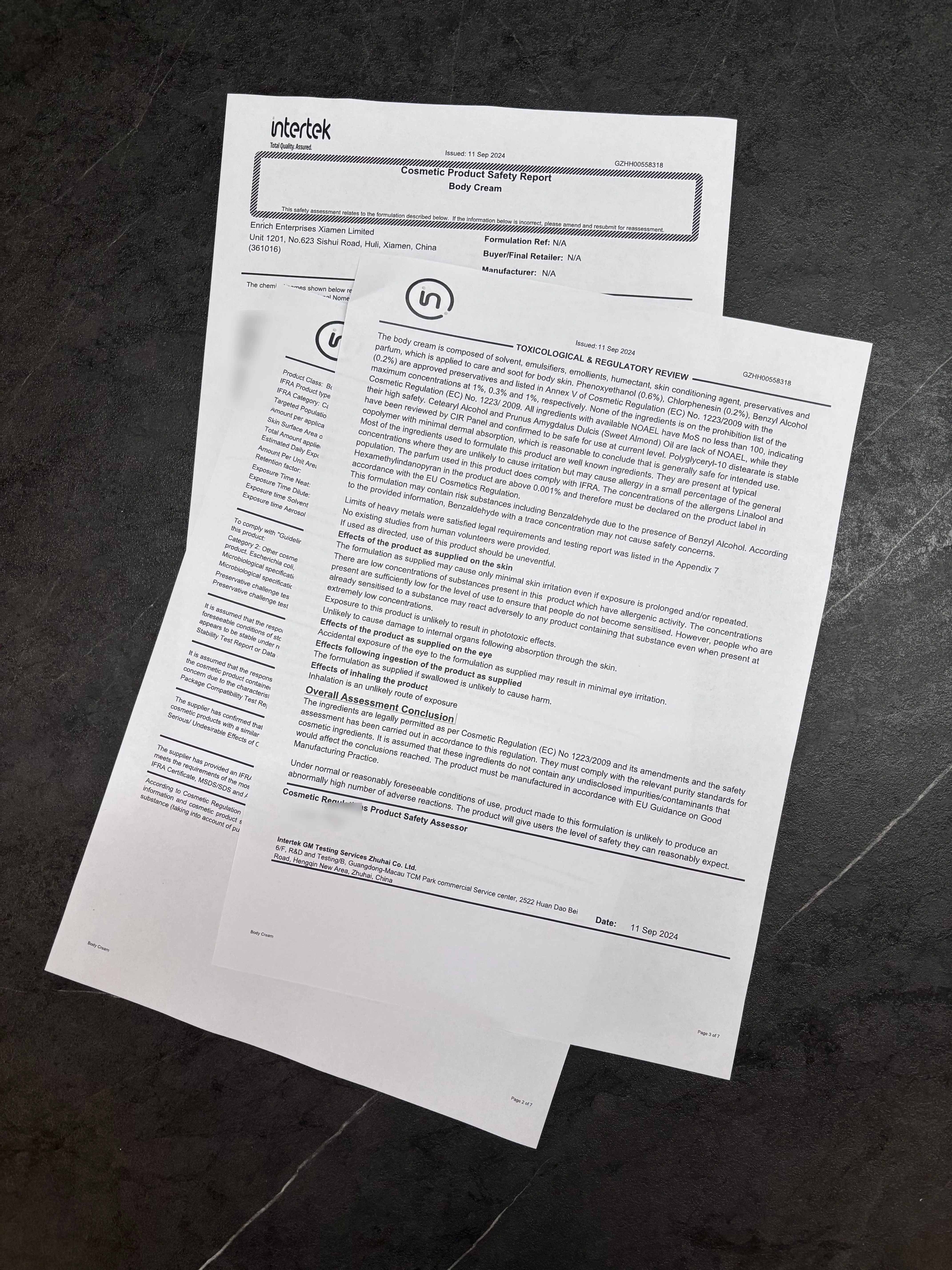 EU Cosmetic Product Safety Report document, client details redacted