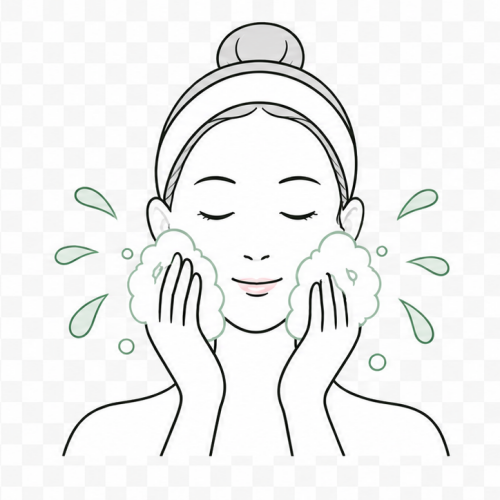 Illustration of a rinse-off product being washed from the face