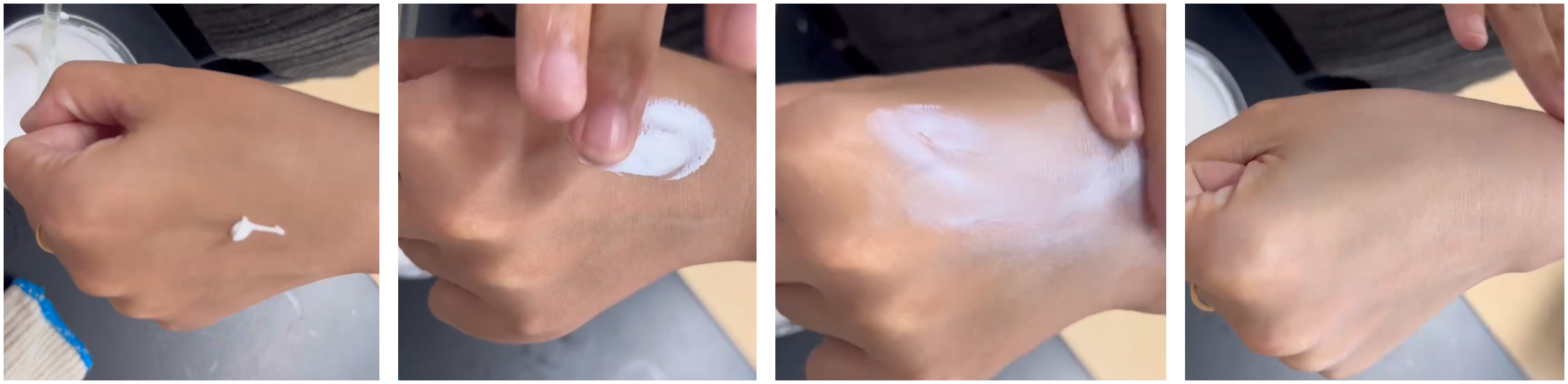 Sequential hand application test of the Malassezia-safe zinc oxide sunscreen, showing dispensing, spreading, and blend-in on skin.