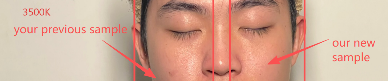 Split-face comparison under 3500K lighting showing the previous mineral sunscreen sample against the new Malassezia-safe formula, evaluating tint match and white cast across skin tones.