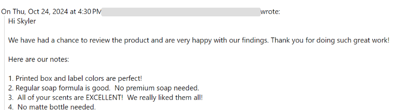 Screenshot of FLOWERBOX's email confirming positive feedback on hand soap samples, including box and label colors, formula, and fragrance