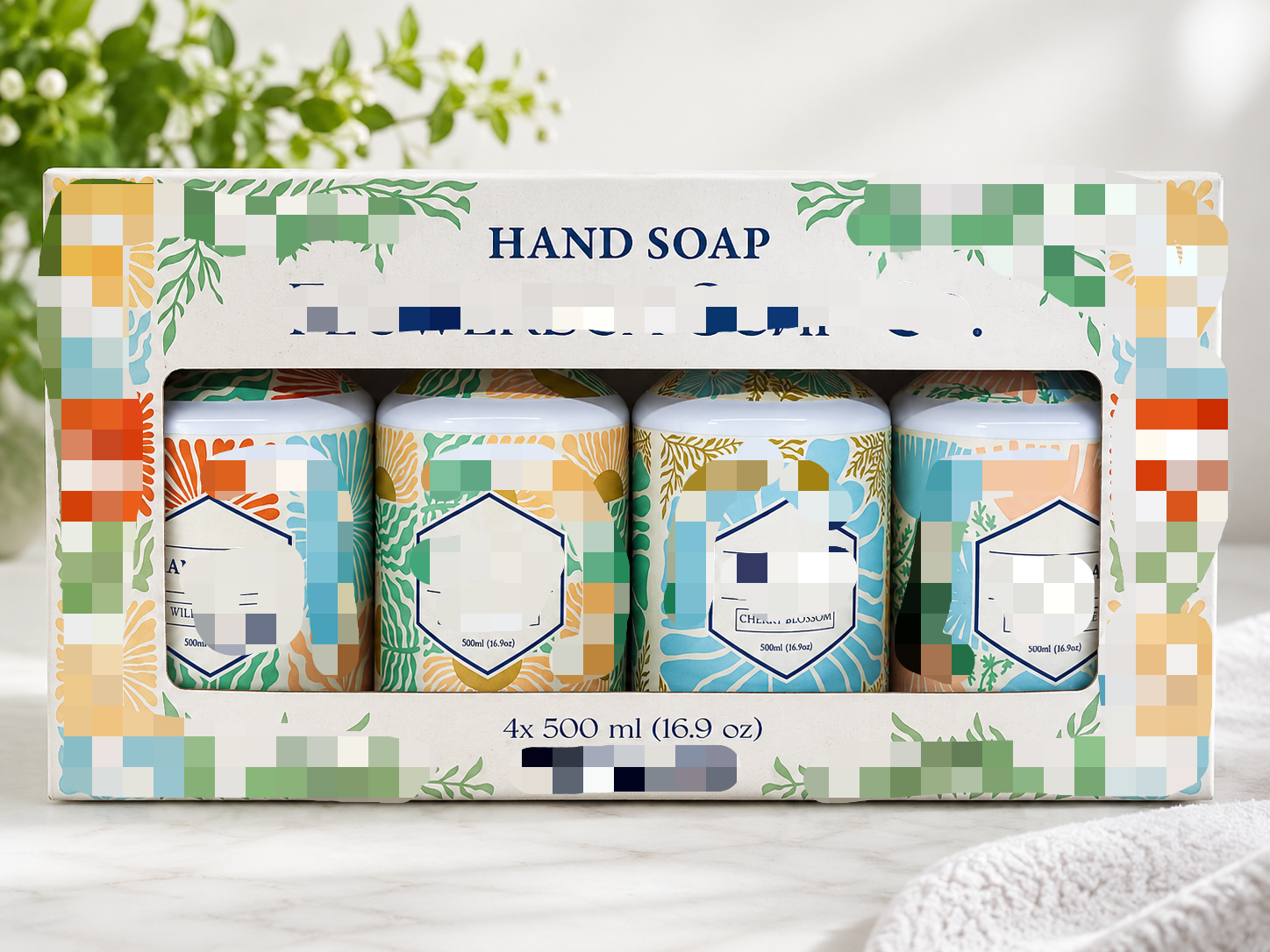 Custom 4-pack hand soap gift set with pump bottles in branded box
