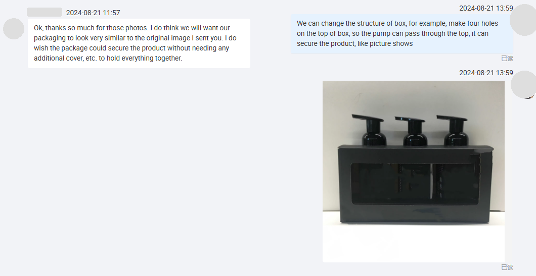 Screenshot of client request and our proposed box die-cut design securing bottles without a PVC insert