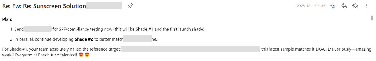 Client email approving Shade #1 (formula 20251201-05) for SPF and compliance testing, confirming the tint matches their reference target, with Shade #2 development continuing in parallel.