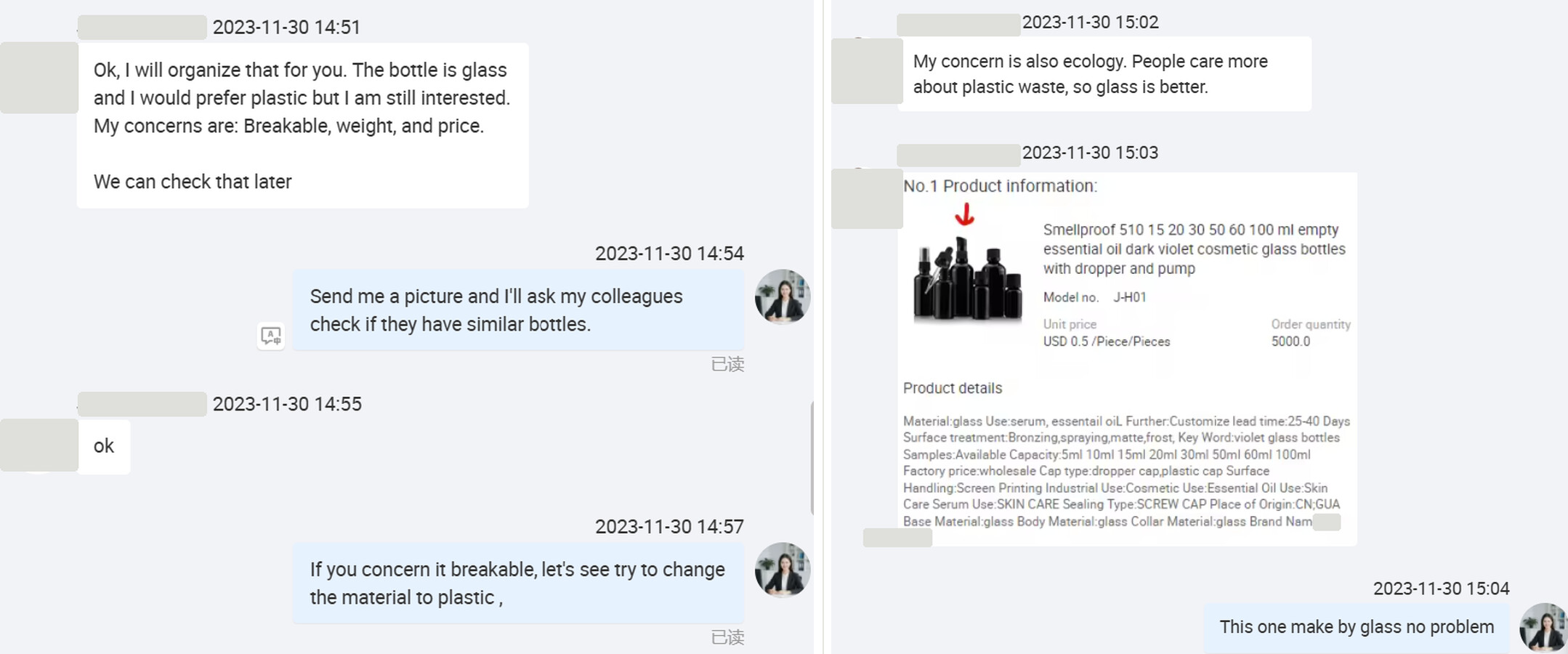 Two-panel screenshot of the glass-versus-plastic bottle discussion: left panel shows the client raising concerns about breakability, weight, and price; right panel shows a reference product listing for glass essential-oil bottles the client shared
